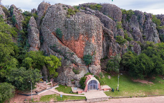 Aerial view of the Cordilleras in Tobati with the Chapel of the Virgin of the Way (Capilla Virgen del Camino) in Paraguay.