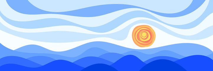 Abstract landscape stylization, waves on the sea, sun and clouds, vector banner