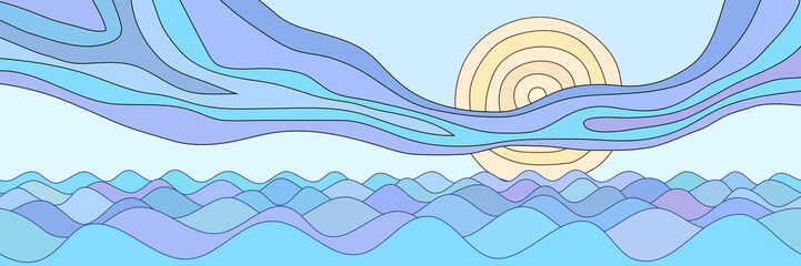 Abstract landscape stylization, waves on the sea, sun and clouds, vector banner