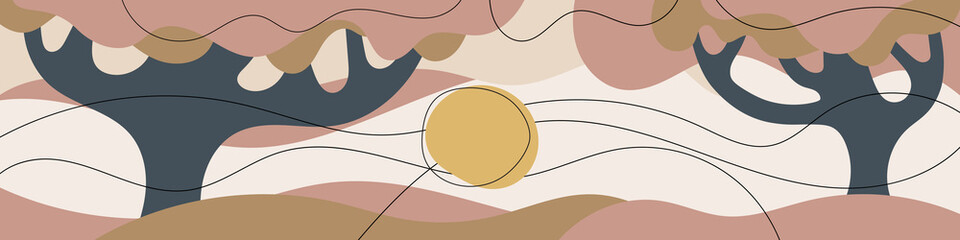 Abstract landscape stylization, trees and sun, vector banner