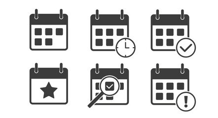Calendar icon set. Schedule, reminder, appointment, planner, event time. Flat vector illustration isolated on white background.