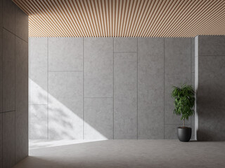 Modern loft style empty room with slatted ceiling 3d render,there are random pattern groove concrete wall sunlight into the room - obrazy, fototapety, plakaty
