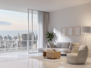 Modern style white living room with large open door overlooking city view 3d render, Decorate with white fabric furniture ,Sunlight shines into the room. - obrazy, fototapety, plakaty