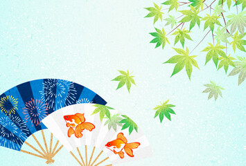 金魚花火の扇子と青もみじの暑中見舞いはがきヨコ