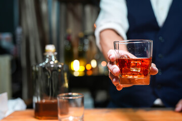 Bartender Serve Whiskey, on wood bar, 