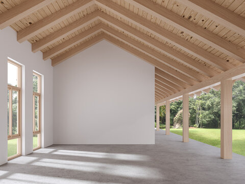 Empty gable roof room with garden view 3d render,There are blank white paint walls,concrete floors and wooden roof structure, overlooking green nature