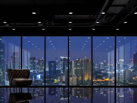 Modern Style Glossy Black Room Night Scene With City View 3d Render, Glass Walls And Black Ceiling Decorated With Luxury Leather Chairs With Large Windows Overlooking The Building Outside.