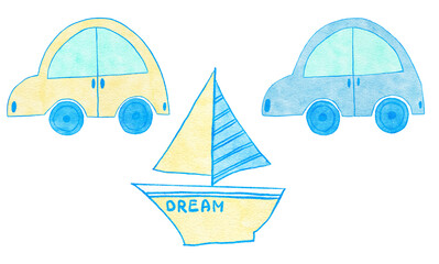 Watercolor hand drawn illustration of blue yellow cute car automobile yacht transport. Boy baby shower design for invitations greeting party, nursery clipart is soft pastelcolors modern minimalist