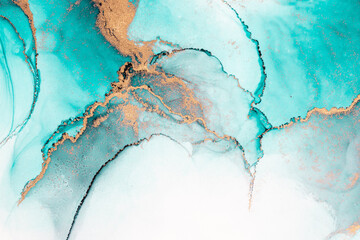 Ocean blue abstract background of marble liquid ink art painting on paper . Image of original artwork watercolor alcohol ink paint on high quality paper texture . - obrazy, fototapety, plakaty