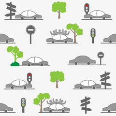 Seamless pattern with cars, trees and traffic signs. Design for wall decoration, postcard, poster, brochure, shirt, etc.