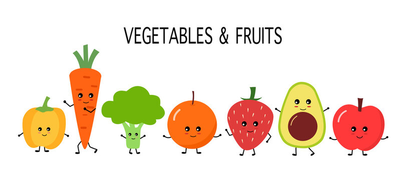 Cute vegetables and fruits cartoon character in flat design on white background.