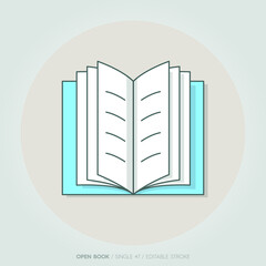 Open book vector icon isolated in a flat style. Study and knowledge, library and education, science and literature. magazine and shadows, text and lines. Editable stroke.