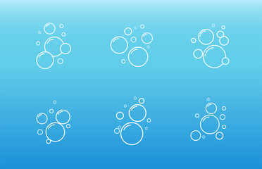 Soap bubbles icon. Set of oxygen bubbles in water. Foam shampoo isolated on blue background. Vector illustration