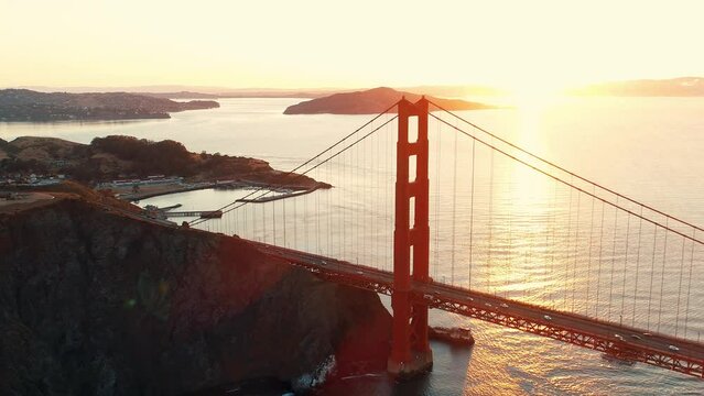 San Francisco city Golden Gate Bridge aerial sunrise view