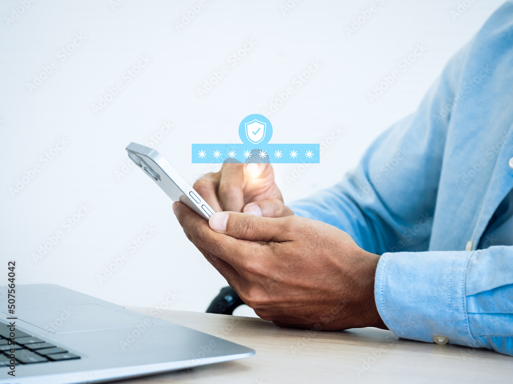 Poster two factor authentication concept. virtual safety shield icon while access on phone with laptop for 