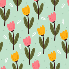seamless pattern cartoon flower and leaves. plant wallpaper