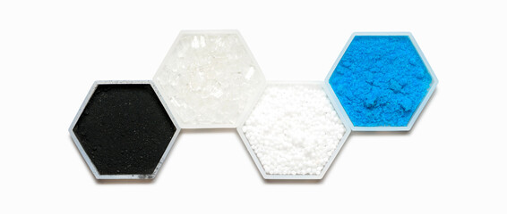 Chemical ingredient in hexagonal molecular shaped container. Carbon Charcoal, Sodium Thiosulfate, Carbamide and Copper (II) Sulfate.