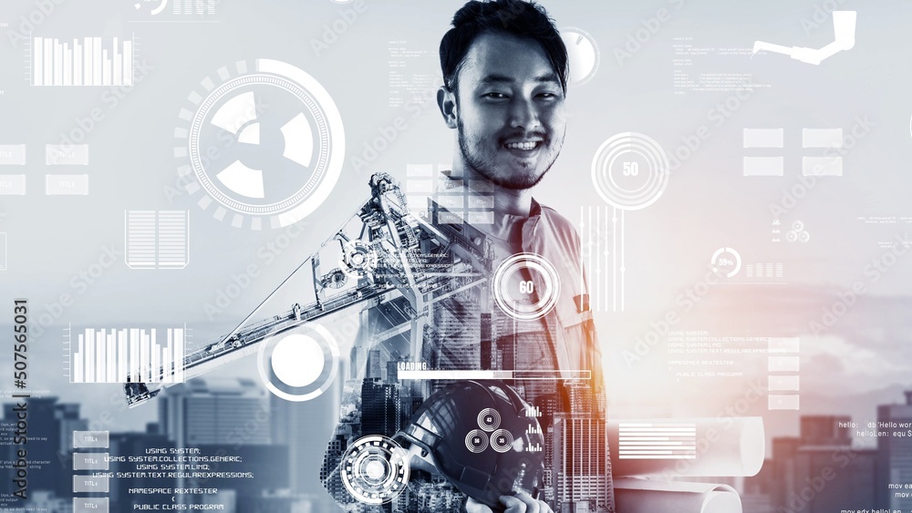 Poster future building construction and inventive engineering project concept with hud hologram graphic des