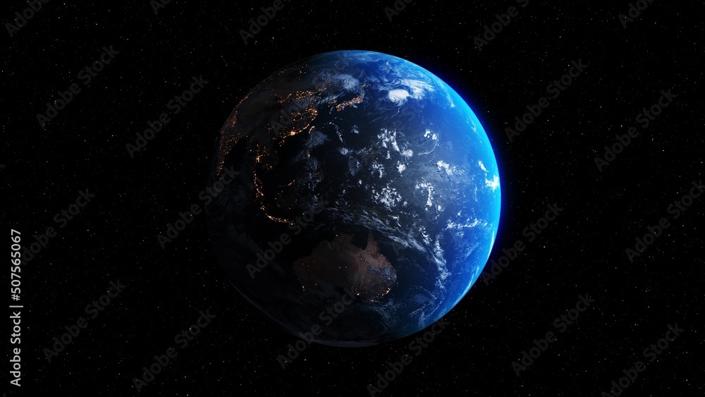 Poster planet earth with realistic geography surface and orbital 3d cloud atmosphere . outer space view of 