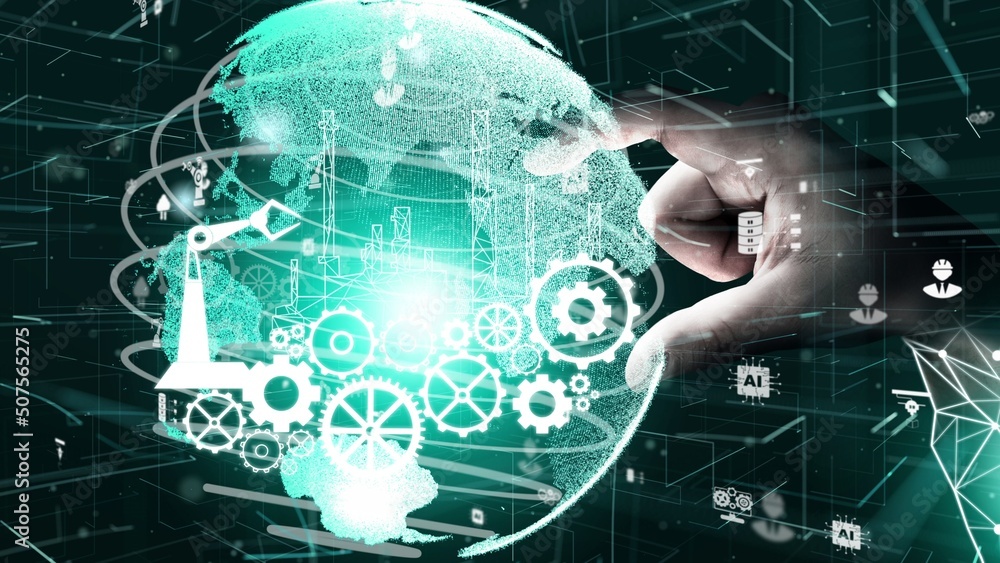 Poster futuristic industry 4.0 and inventive mechanized engineering concept with graphic user interface sho