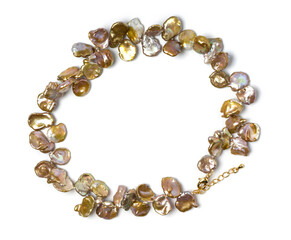 Freshwater keshi pearl bracelet on white background. Collection of luxury jewelry accessories. Studio shot