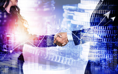 Business handshake on finance prosperity and money technology asset background . Economy and...
