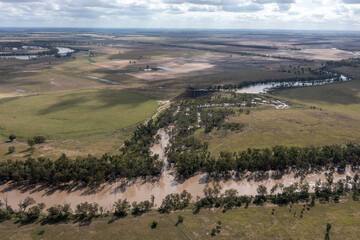 Fototapeta premium Flood waters from the Condamine river the town of Condamine ,Queensland, Australia.
