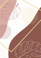 Abstract frame, color wave, monstera leaf. Vector illustration, modern art graphics, posters, banners, brochures with place for text.