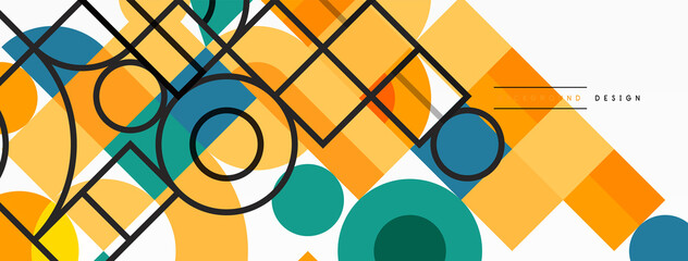 Circle and square geometric background. Round shapes with squares and triangles composition for wallpaper, banner, background or landing