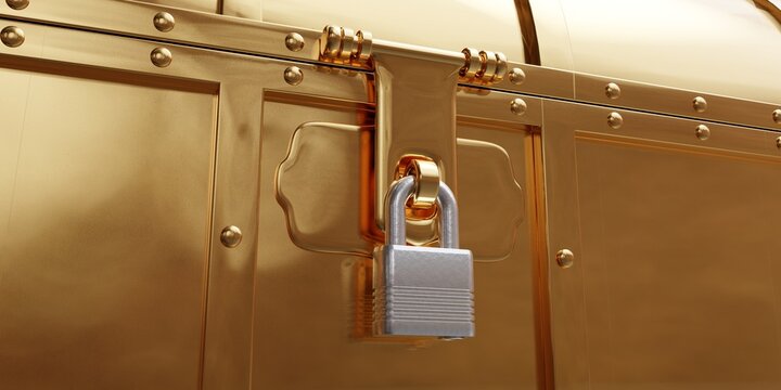 Old gold pirate trunk closed, locked. Treasure chest padlock close up. Safe fortune. 3d render