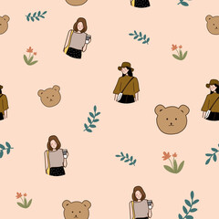 simple girl fashion, flower and bear illustration