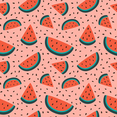 Seamless pattern with watermelon slices. Fresh fruity pink simple background. Flat vector illustration, cartoon