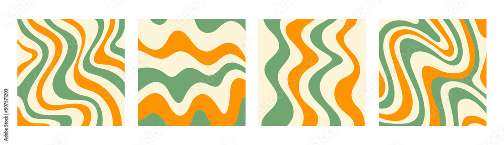 Aufkleber Abstract set square backgrounds with colorful waves. Trendy vector illustration in style retro 60s, 70s. Green, yellow and beige colors