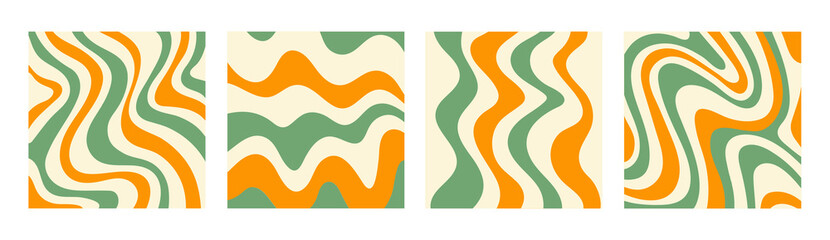 Abstract set square backgrounds with colorful waves. Trendy vector illustration in style retro 60s, 70s. Green, yellow and beige colors © Elena