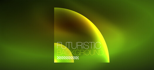 Shiny neon geometric abstract background. Glowing lights on round shapes, triangles and circles. Wallpaper for concept of AI technology, blockchain, communication, 5G, science, business