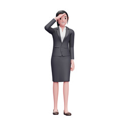 3d Business woman wear black skirts and blazers looking far away, business woman character illustration