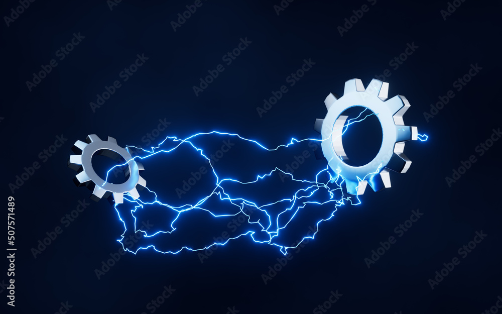 Poster gear with lightning effect, 3d rendering.