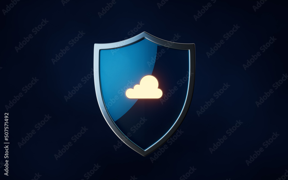 Poster glossy shield with dark background, 3d rendering.
