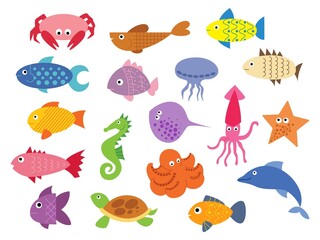 Cartoon sea fish. Cute animal kids in ocean or aquarium. Summer marine wildlife. Dolphin and stingray. Colorful octopus or seahorse. Tropical starfish. Vector underwater creatures set
