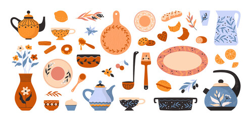 Dessert sticker. Tableware and cookies. Doodle set for cafe, birthday or breakfast. Sweet biscuits. Croissant or eclair. Teapot with cups. Utensil and food. Vector tea serving collection