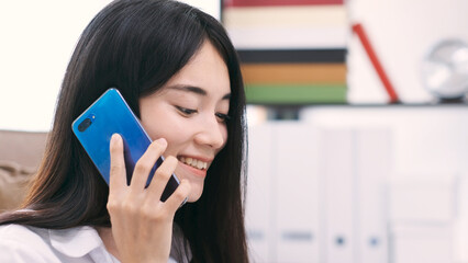 Close up of asian woman talking phone, Happy asia girl talking phone