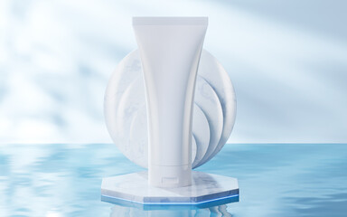 Cosmetic bottle on the water surface, 3d rendering.