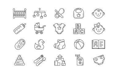 Nursery kid icon. Pictogram of linear newborn child. Diapers and carriage. Bed with carousel. Toddlers food or toys. Family health and childhood care. Infant faces. Vector line signs set