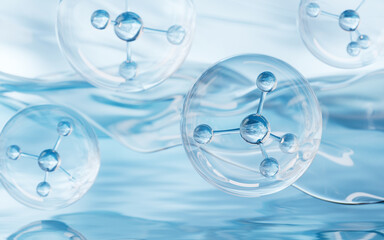 Molecule with water surface background, 3d rendering.