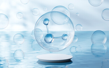Molecule with water surface background, 3d rendering.