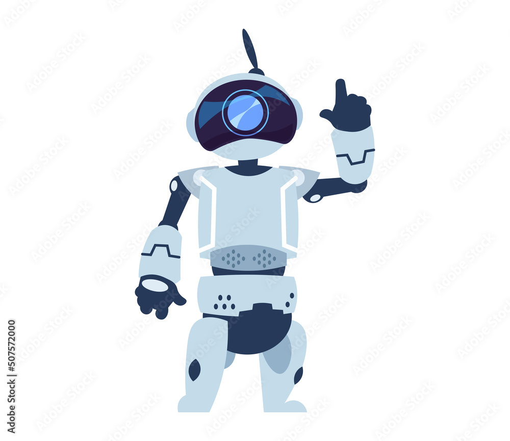 Poster Cartoon android. Robot waving hand. Futuristic automatic robotic toy or cyber bot of artificial intelligence. Innovation smart technologies. Isolated friendly mascot. Vector illustration
