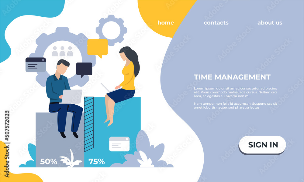 Poster Business landing page. Website template. Time management and workflow optimization. Effective organization work processes. Office employees. Vector web interface with text and buttons