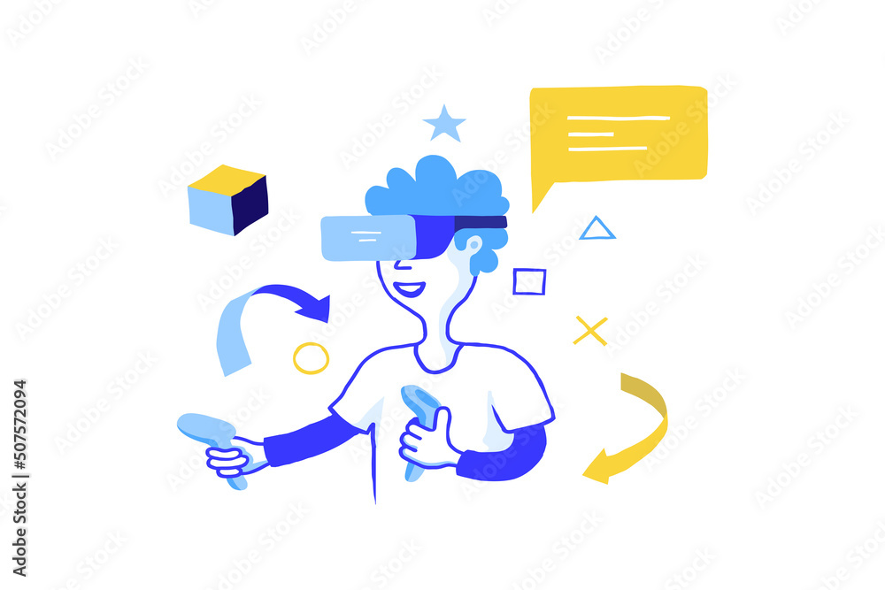 Poster Game development concept. Doodle VR gaming. Boy with augmented virtual reality glasses and joysticks. Playing mechanics trendy objects. 3d cyber simulation. Vector gamers modern devices