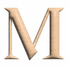 3D Wood capital M letter illustration on white background