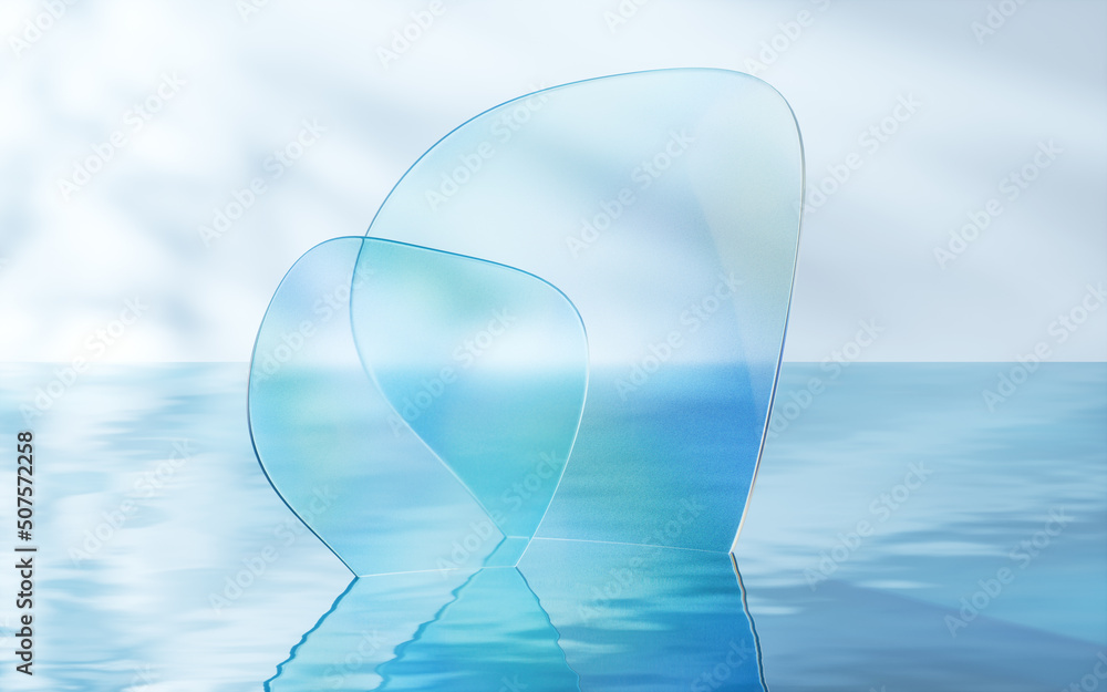 Poster glass geometry on the water surface, 3d rendering.